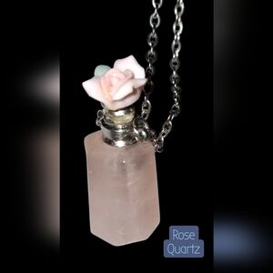 Rose Quartz Gemstone Aromatherapy Perfume Bottle Silvery Chain